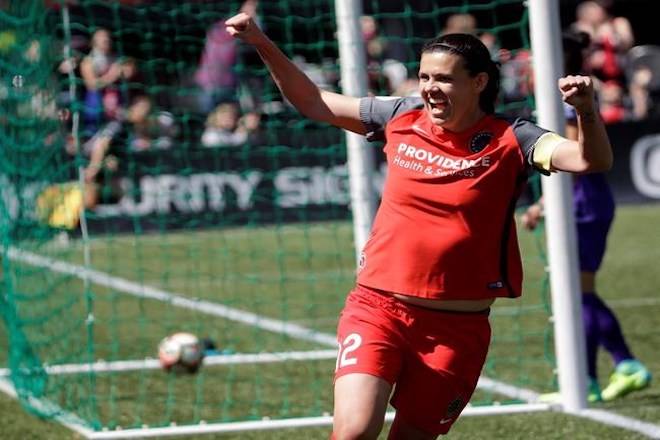 Portland Thorns forward Christine Sinclair celebrates scoring a goal during the second half of their NWSL soccer match against the Orlando Pride in Portland, Ore., Saturday, April 15, 2017. The 35-year-old from Burnaby, B.C., earned her 14th Canadian Player of the Year Award on Tuesday capping a year that saw her shine on both the club and international stage. THE CANADIAN PRESS/AP-Don Ryan